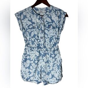 Vineyard Vines Romper Girls M Blue White Floral Chambray Button Elastic Waist